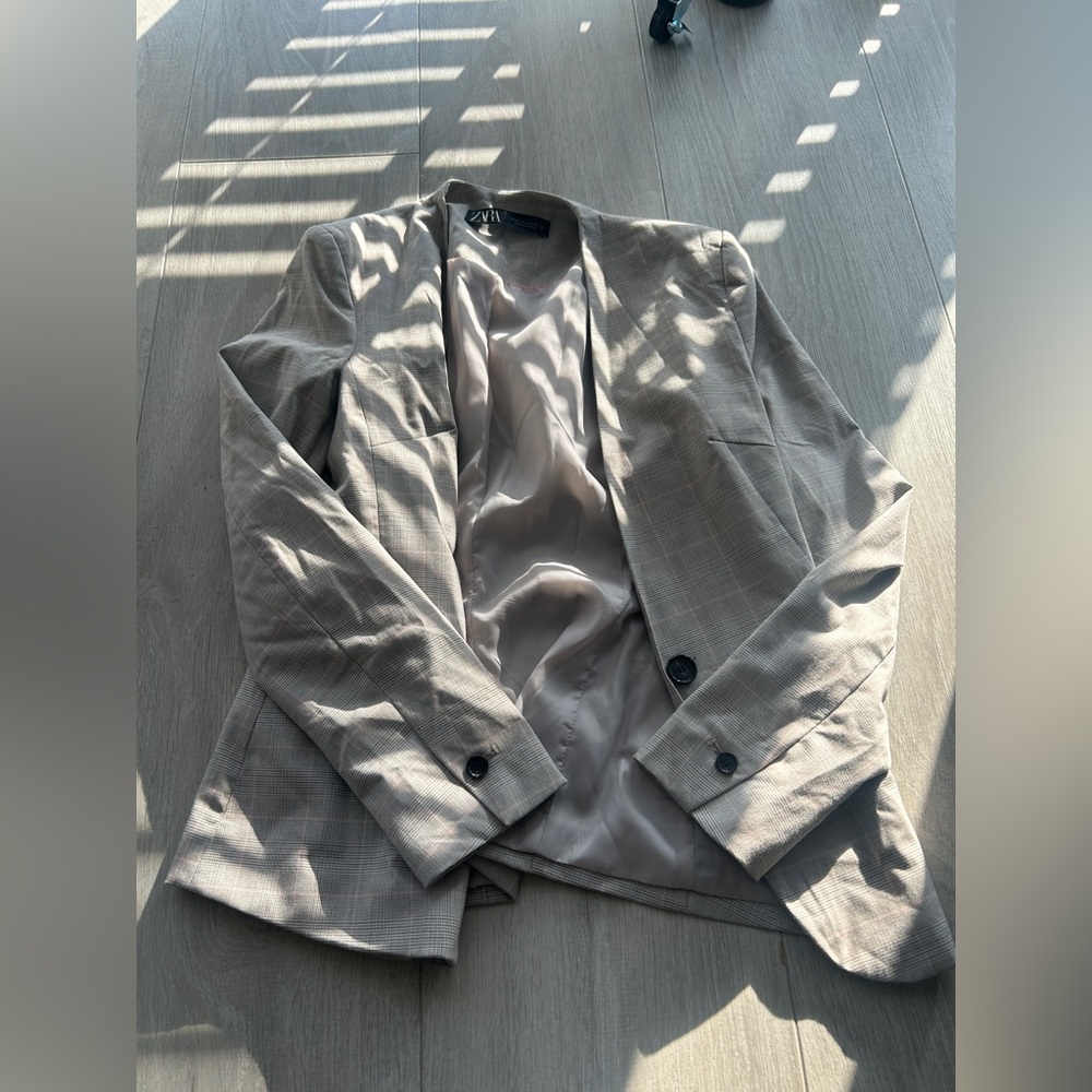 Zara Basic Brown Blazer pink beige pinstripe work - image 10
